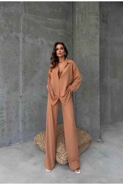 MST CLOTHİNG Γυναικείο Σετ Παντελόνι και Πουκάμισο από Ύφασμα Bürümcük