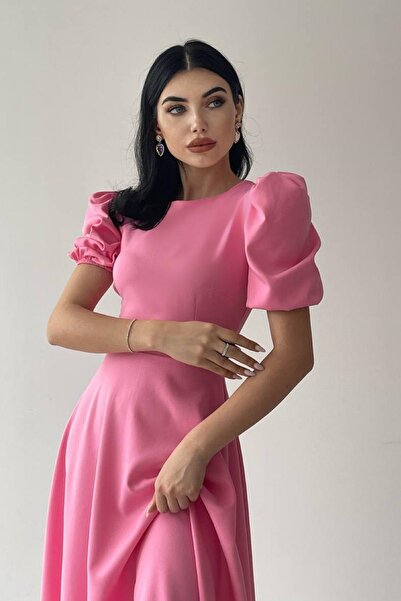 lovebox Kadın Atlas Kumaş Yuvarlak Yaka Prenses Kol Kloş Kesim Midi Boy Pembe Abiye Elbise 220