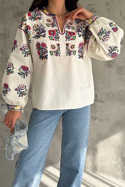FEMELLE Women's Cross Stitch Embroidered Balloon Sleeve Cotton Blouse