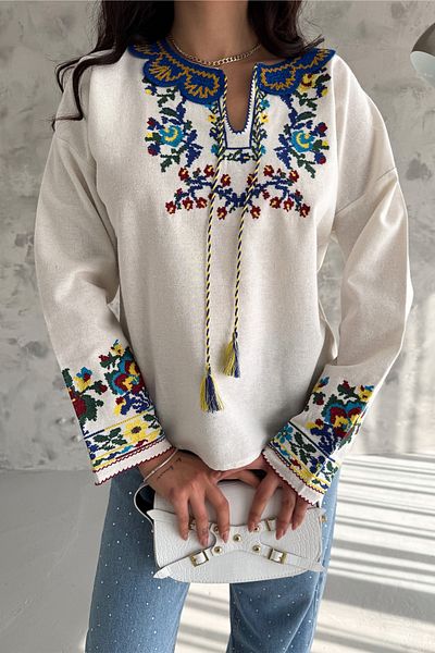 FEMELLE Women's Knitted Collar Tassel Embroidered Cotton Blouse