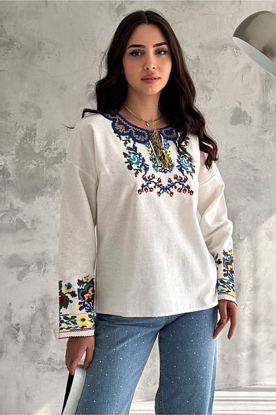 FEMELLE Women's Knitted Collar Tassel Embroidered Cotton Blouse