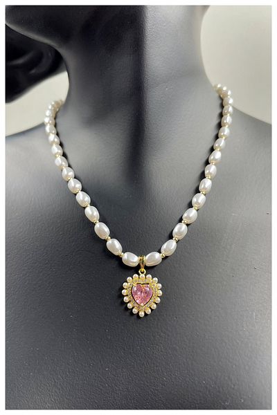 Manken İstanbul Pink Zircon Heart and Pearl Model Gold Plated Necklace