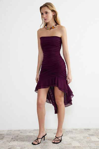 Trendyol Collection Rochie de seară din tul tricotat, mov, cu volane, rochie de absolvire de noapte TPRSS24EL00026