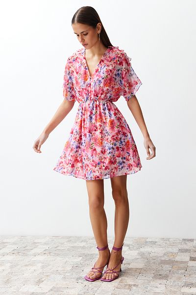 Trendyol Collection Pink Floral Patterned Waist-Opening Ruffle Detailed Lined Chiffon Mini Woven Dress TWOSS24EL00638
