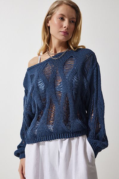 Happiness İstanbul Marineblauer Damen-Strickpullover mit U-Boot-Ausschnitt und durchbrochener Saisonarbeit MW00134