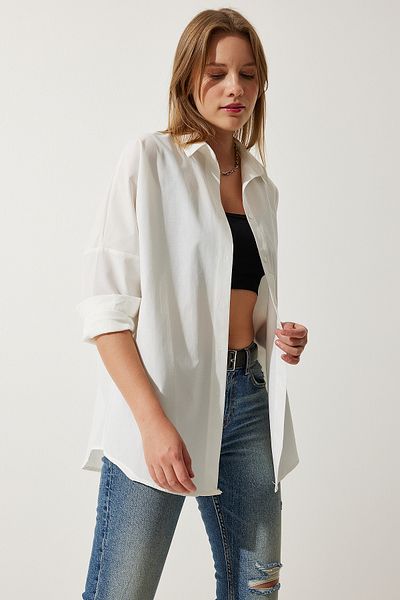 Happiness İstanbul Dámská Ecru Oversize dlouhá základní košile DD00842