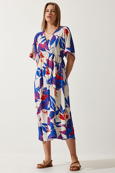 Happiness İstanbul Ecru-blaues Strickkleid mit Wickelkragen und Muster für Damen DK00167