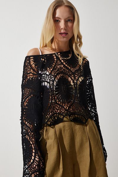 Happiness İstanbul Women's Black Lace Knitted Seasonal Knitwear Blouse ES00141