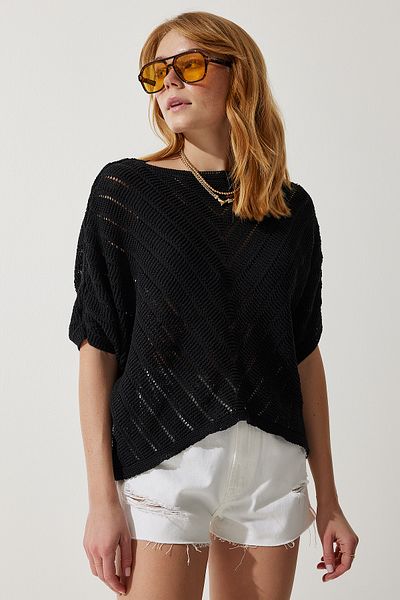 Happiness İstanbul Schwarze Strickbluse mit Fledermausmotiv für Damen YU00013
