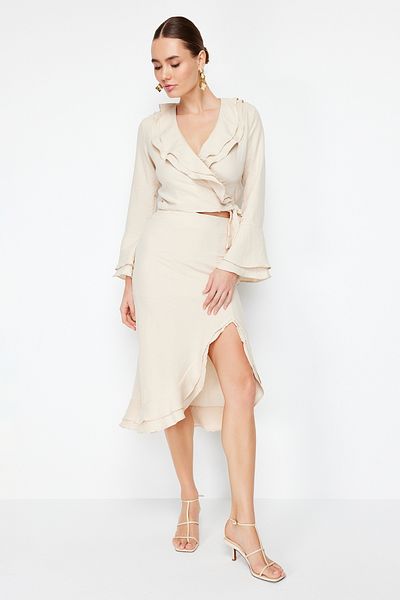 Trendyol Collection Beige Midi Skirt with Aerobin Fabric - Frilly Skirt and Slit Detail, TWOSS24ET00067