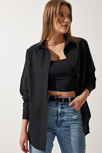 Happiness İstanbul Kadın Siyah Oversize Uzun Basic Gömlek DD00842