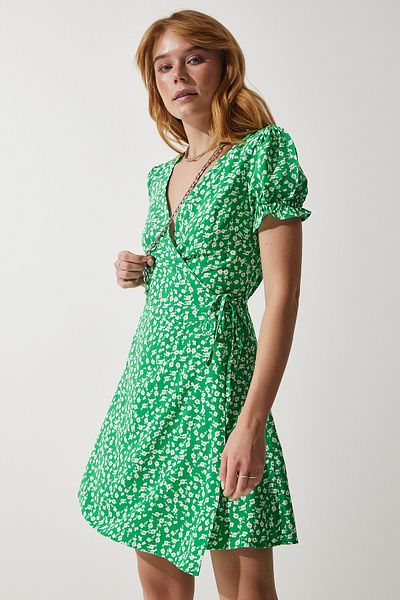 Happiness İstanbul Grünes gemustertes Viskosegewebekleid für Damen UB00111
