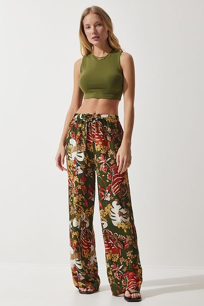 Happiness İstanbul Khakigelb gemusterte Palazzo-Hose aus fließender Viskose für Damen EN00606