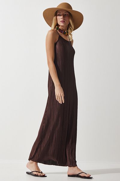 Happiness İstanbul Damen Sommer Plisseekleid mit Trägern in Pflaume DZ00116