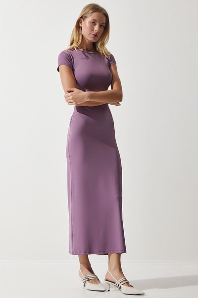 Happiness İstanbul Lilafarbenes Saran Sandy Strickkleid mit Rundhalsausschnitt für Damen, UB00239
