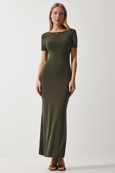 Happiness İstanbul Khakifarbenes, tief ausgeschnittenes, langes Sandy-Strickkleid für Damen DZ00115