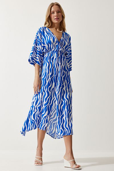Happiness İstanbul Blau-weißes, tiefes V-Ausschnitt-Sommerkleid aus Viskose für Damen, lang, CI00081