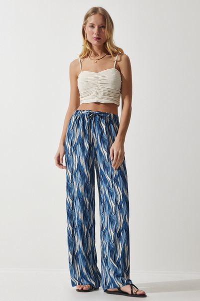 Happiness İstanbul Palazzo-Hose aus fließender Viskose mit Muster in Blau und Ecru EN00606 für Damen