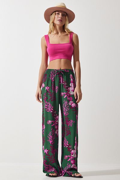 Happiness İstanbul Palazzo-Hose aus fließender Viskose mit Muster in Dunkelgrün und Fuchsia für Damen EN00606