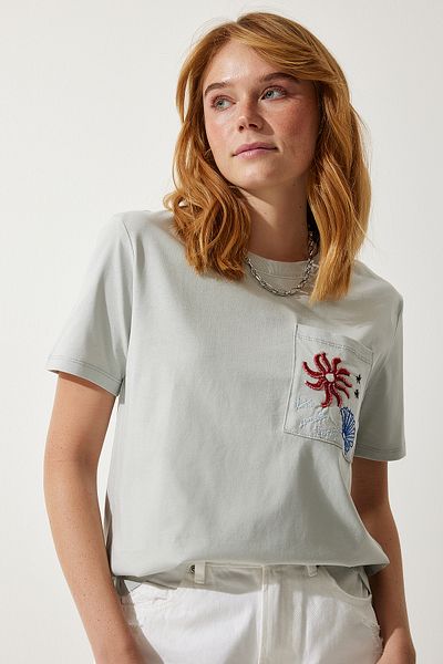 Happiness İstanbul Women's Gray Crew Neck Embroidered Knitted T-Shirt CR00425