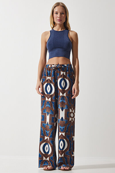 Happiness İstanbul Women's Navy Blue Brown Patterned Flowing Viscose Palazzo Trousers EN00606