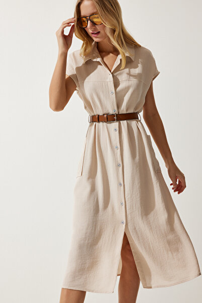 Happiness İstanbul Γυναικείο υφαντό φόρεμα κρεμ ζωσμένο MX00155