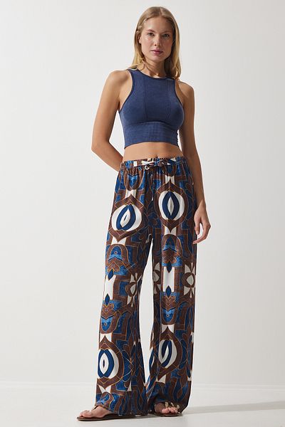 Happiness İstanbul Palazzo-Hose aus fließender Viskose in Marineblau und Braun mit Muster für Damen EN00606