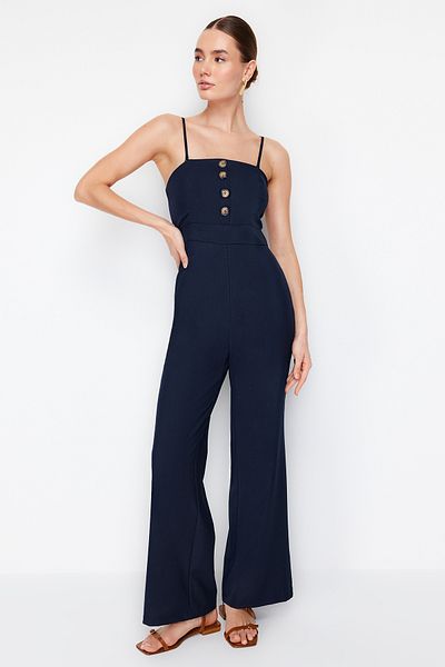 Trendyol Collection Navy Blue Maxi Woven Jumpsuit with Removable Straps and Button Detail TWOSS24TU00008