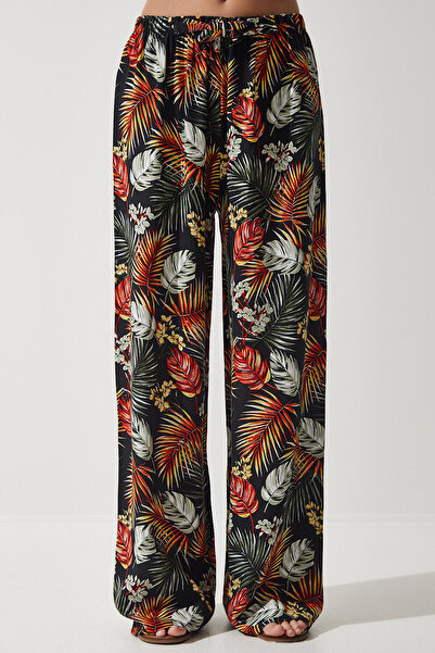 Happiness İstanbul Damskie spodnie palazzo z czarnej kafelkowej tkaniny z płynnej wiskozy EN00606