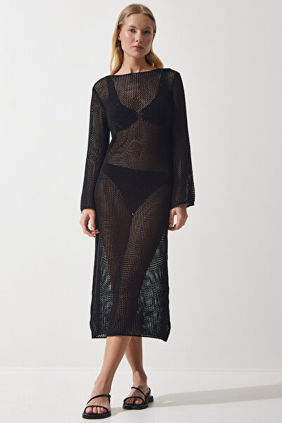Happiness İstanbul Kadın Siyah Ajurlu Transparan Uzun Triko Elbise PF00064