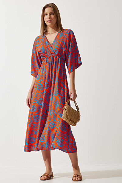 Happiness İstanbul Kadın Oranj Mavi Anvelop Yaka Desenli Yazlık Viskon Elbise DK00166