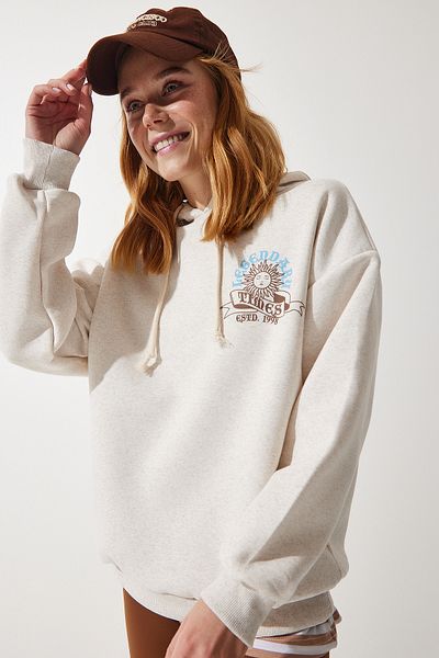 Happiness İstanbul Beiges Strick-Sweatshirt mit Kapuze für Damen UB00251