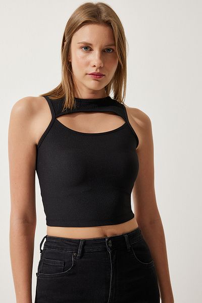 Happiness İstanbul Women's Black Cut Out Detailed Ribbed Crop Knitted Blouse KH00089
