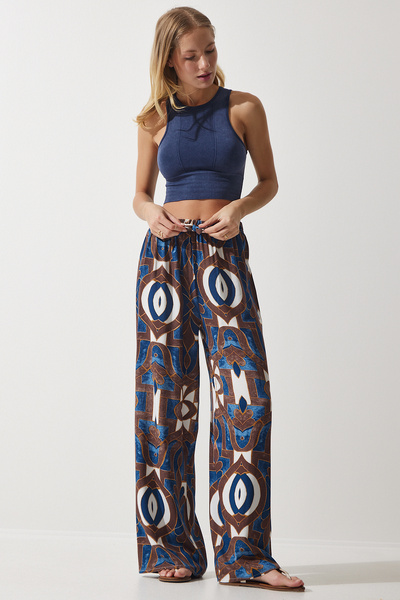 Happiness İstanbul Women's Navy Blue Brown Patterned Flowing Viscose Palazzo Trousers EN00606