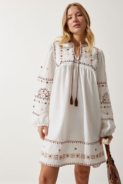 Happiness İstanbul Ecrufarbenes, besticktes Kleid aus gewebtem Leinen für Damen, RG00007