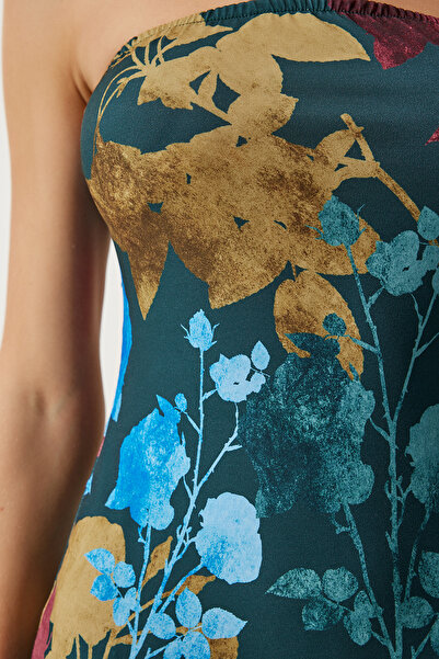 Happiness İstanbul Γυναικείο Καλοκαιρινό Στράπλες Φόρεμα με Σμαραγδένιο Πράσινο Μπλε Φλοράλ FF00157