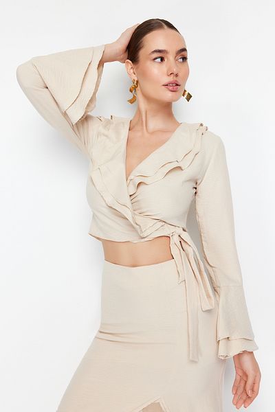 Trendyol Collection Μπεζ δέσιμο μπροστά Crop Woven Μπλούζα TWOSS24BZ00234