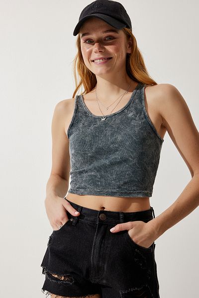 Happiness İstanbul Women's Anthracite Halter Neck Washed Crop Knitted Blouse NJ00135