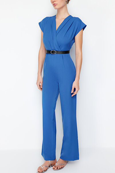 Trendyol Collection Salopetă țesută cu guler dublu cu centură indigo TWOSS21TU0004