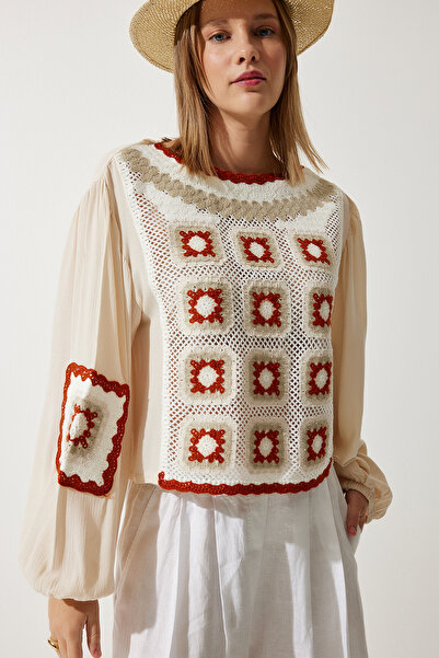 Happiness İstanbul Kremowa, haftowana bluzka damska ES00157