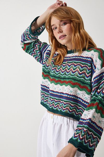 Happiness İstanbul Pulover de damă din tricot sezonier cu model verde crem MC00253