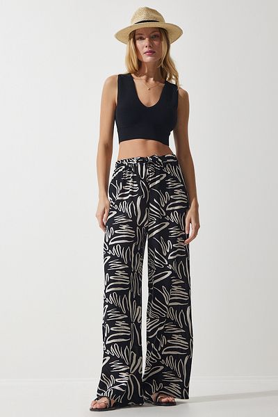 Happiness İstanbul Creme-schwarz gemusterte Palazzo-Hose aus fließender Viskose für Damen EN00606