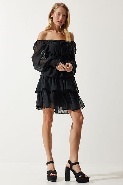 Happiness İstanbul Women's Black Flounce Chiffon Dress DK00168