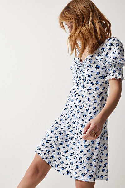 Happiness İstanbul Damska biała dzianinowa sukienka ze sznurkiem i dekoltem w kształcie litery V ZV00267