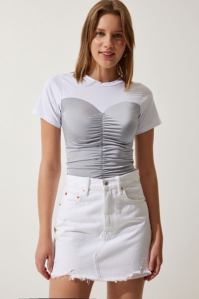 Happiness İstanbul Damen Strickbluse mit Farbblock in Weiß und Grau KJ00005