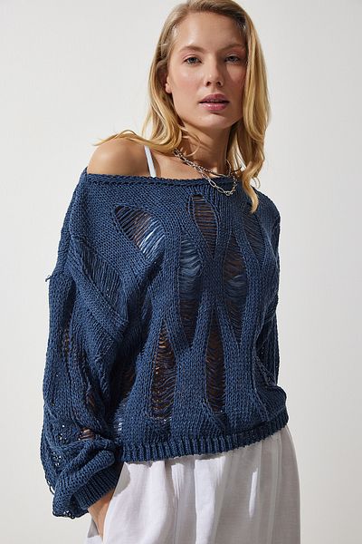 Happiness İstanbul Marineblauer Damen-Strickpullover mit U-Boot-Ausschnitt und durchbrochener Saisonarbeit MW00134