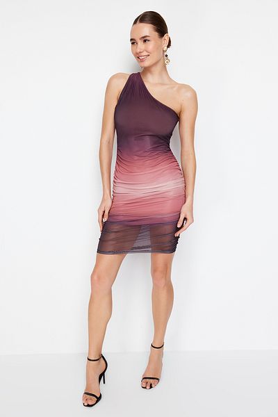 Trendyol Collection Multicolor Limited Edition Gradient Printed Ruffle/Drape Detailed Mini Knitted Pencil Dress TWOSS24EL00560