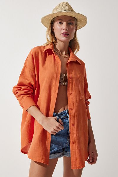 Happiness İstanbul Orangefarbenes Oversize-Musselin-Shirt mit Taschen für Damen MX00150