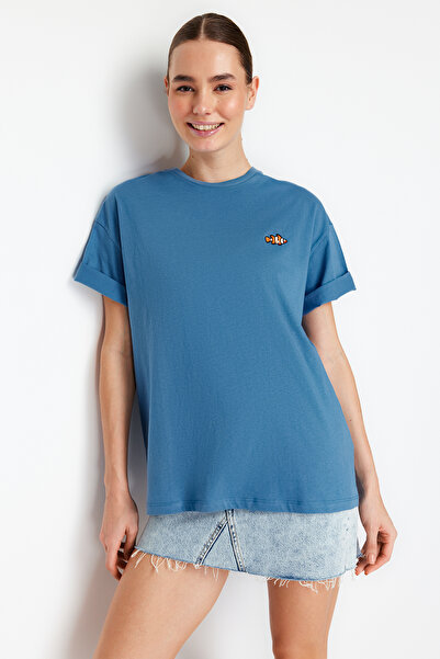 Trendyol Collection Πλεκτό T-shirt Indigo 100% βαμβάκι Oversize/Wide Fit Crew Neck TWOSS24TS00102