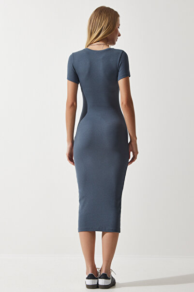 Happiness İstanbul Dámské antracitové žebrované pletené šaty UB00241